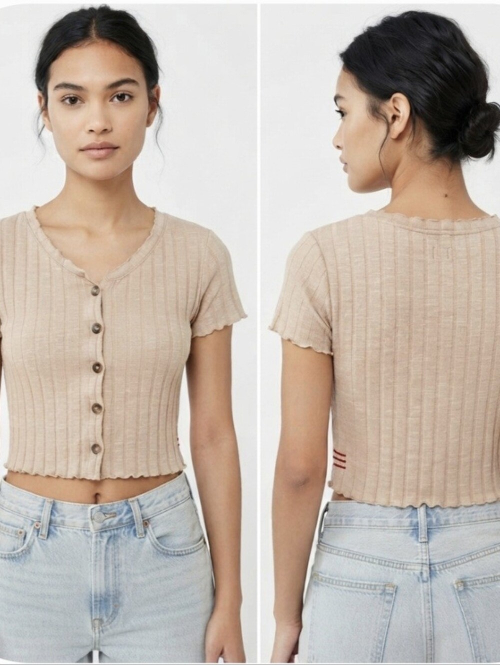 BDG Urban Outfitters Ribbed Button-Up Crop Top Neutral Beige Size S NWT